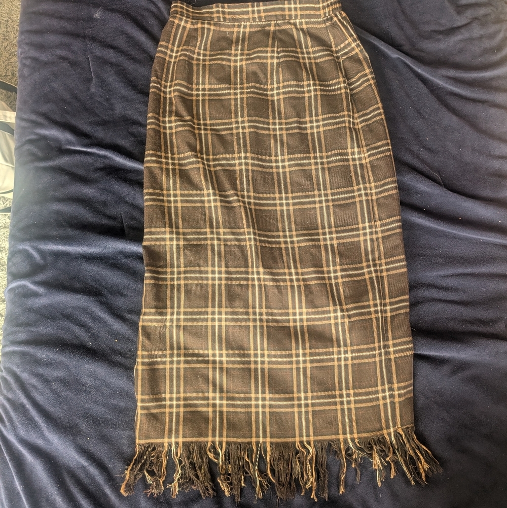 Plaid Maxi Skirt with Fringe Hem